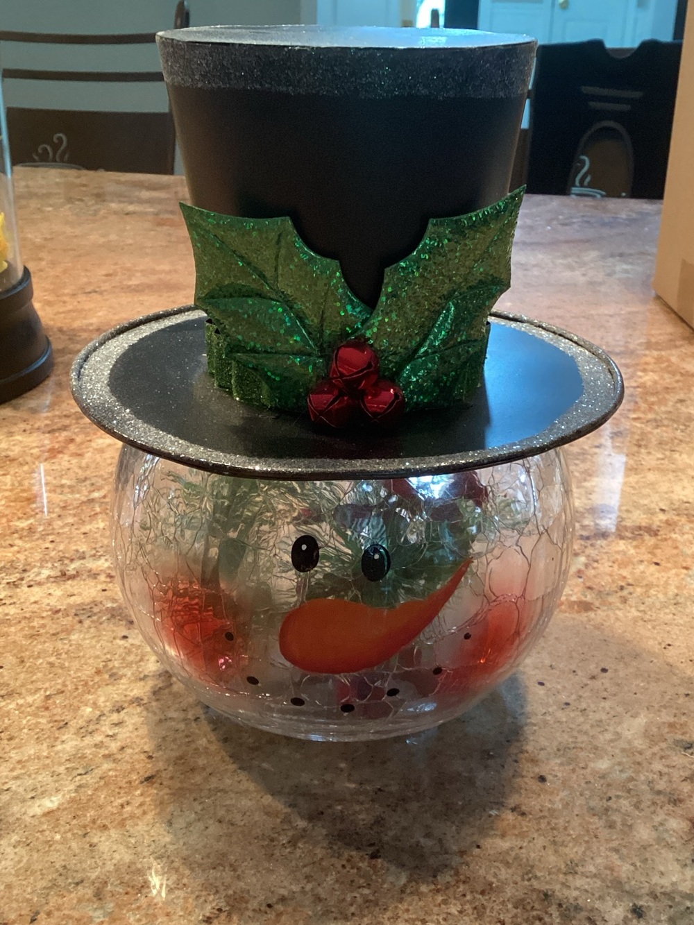 Holiday Snowman Crackle Glass Jar with Black Top Hat and Green Holly